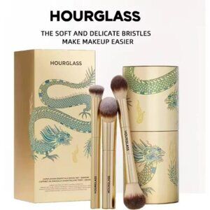 Hourglass Gold Makeup Brush set 3pcs Golden Gragon Case NEW